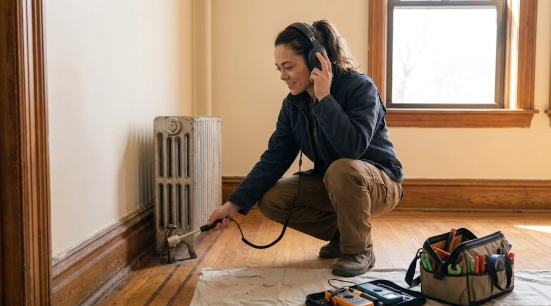 Plumbing technician using electronic acoustic listening device to pinpoint hidden water pipe leak