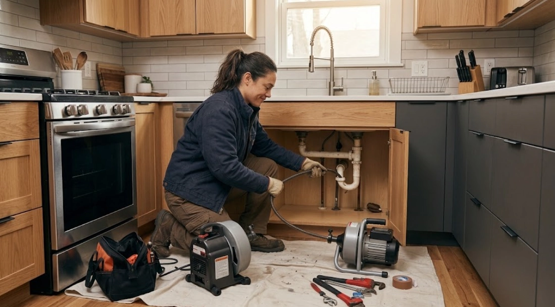 Plumber clearing grease buildup in kitchen sink drain piping using specialized mechanical snake