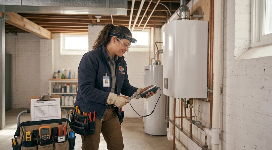 Plumbing technician testing cast-iron boiler burner assembly and electronic pressure controls